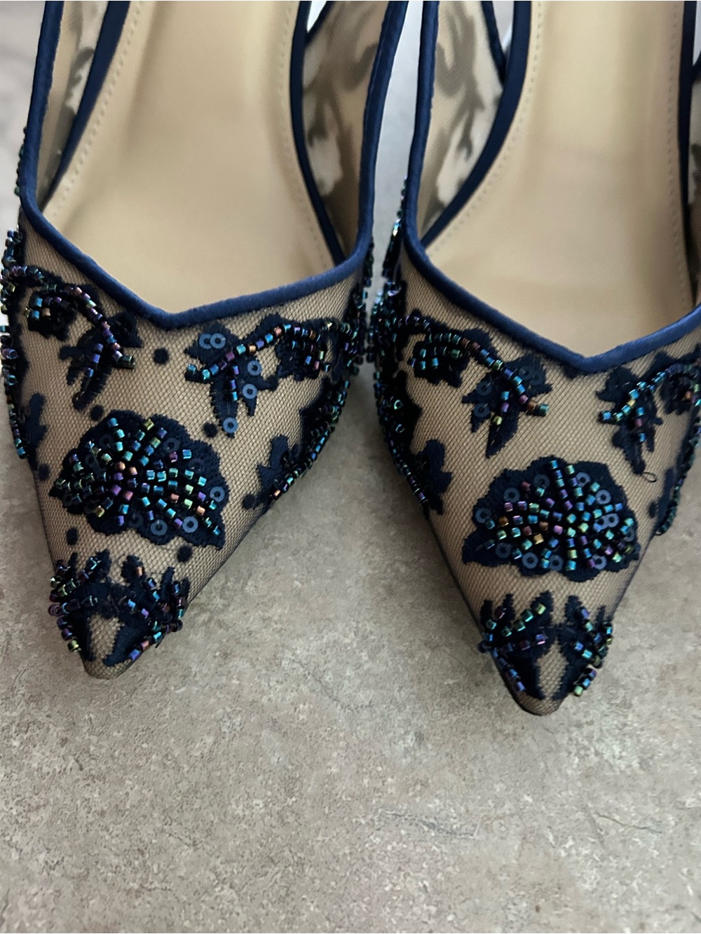 BETSY JOHNSON-Beaded Navy Mesh Slingback Pointed-Toe Heels size 8 - Picture 3 of 7